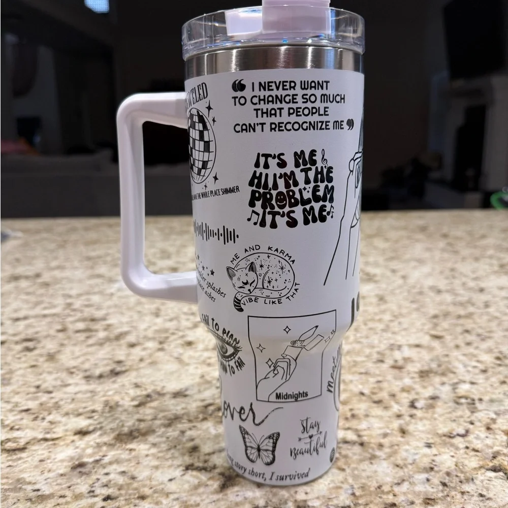 Insulated Tumbler White With Handle Lid Taylor Swift  Music Celebrity Theme 40oz